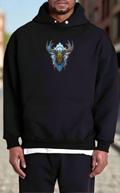 Embroidered hoodie featuring a bold tribal moose design with geometric patterns and earthy florals on the antlers.