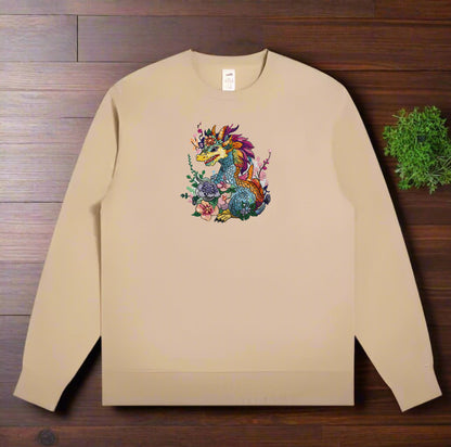 A colorful embroidery design of a dragon with floral elements and a detailed mane and tail.