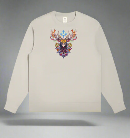 A detailed embroidered image of a moose with wildflowers on a sweatshirt.
