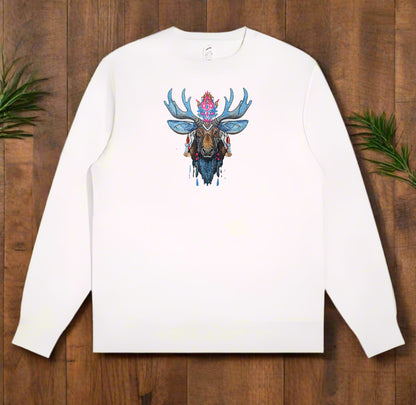 A colorful embroidery design of a moose with blue and brown colors, featuring intricate details and decorative elements on white sweatshirt 