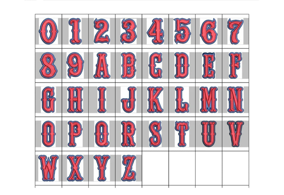 Alphabet and numbers printed on a grid with red and blue text.