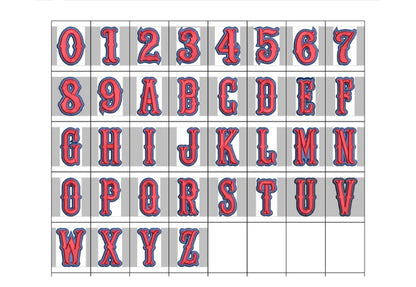Alphabet and numbers printed on a grid with red and blue text.