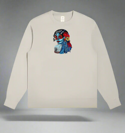 Mint Green  long-sleeve sweatshirt with a  Daydream Muse Sugar Skull Embroidery on a gray background