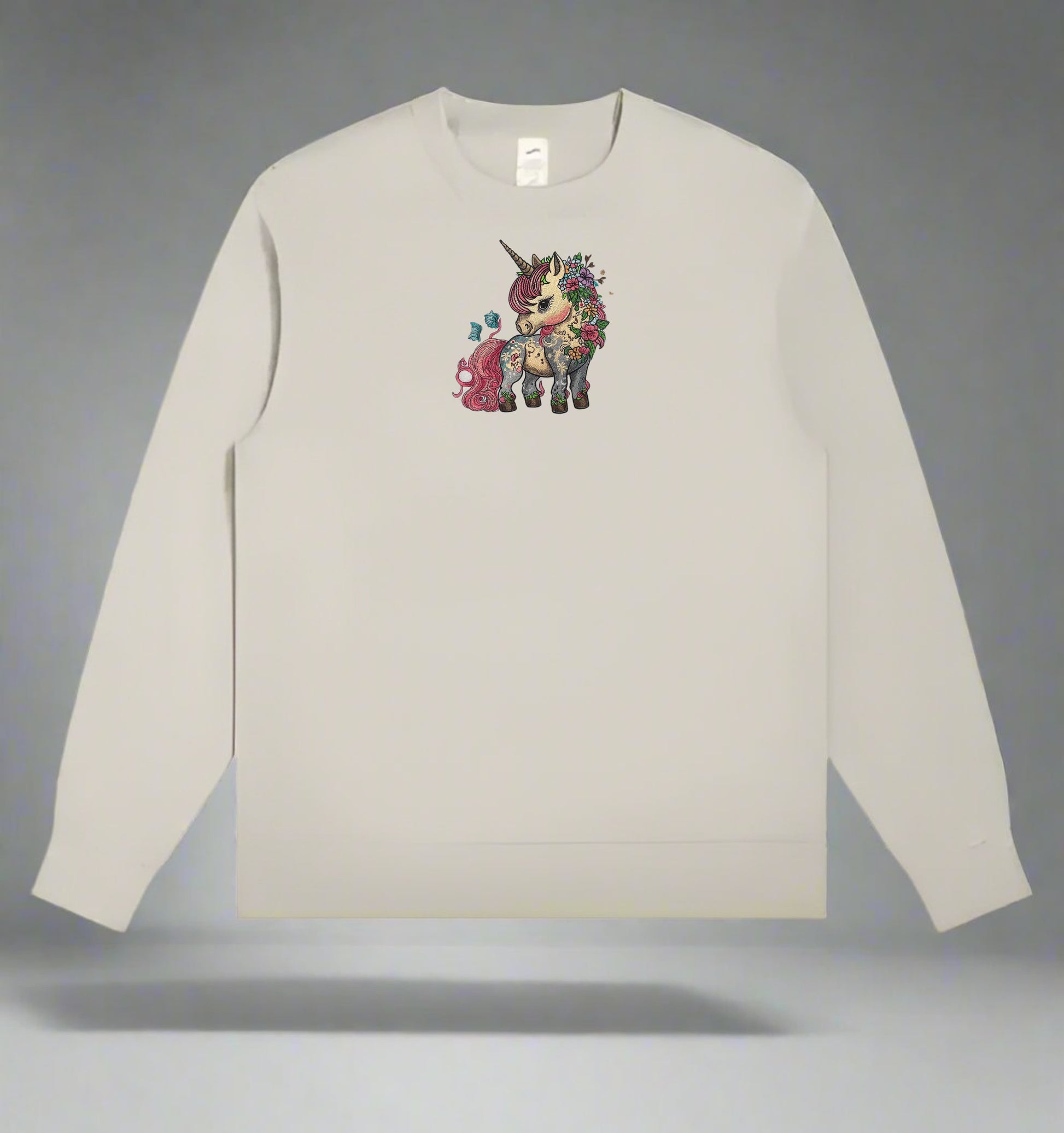 Mint Green  long-sleeve sweatshirt with a colorful  Enchanted Floral Unicorn Embroidery on a gray background
