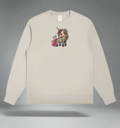 Mint Green  long-sleeve sweatshirt with a colorful  Enchanted Floral Unicorn Embroidery on a gray background