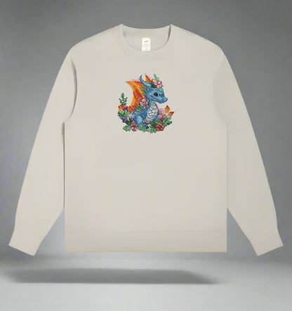 A colorful embroidery design of a dragon surrounded by floral elements and a detailed background.