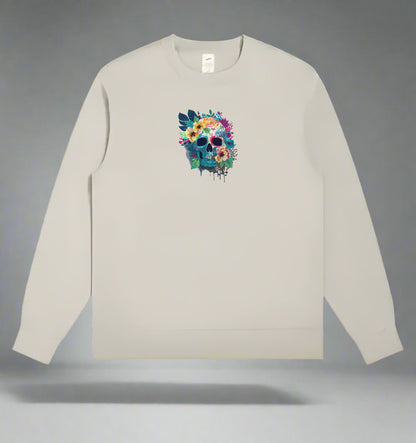 Mint Green long-sleeve Sweatshirt with a colorful skull design on a gray background