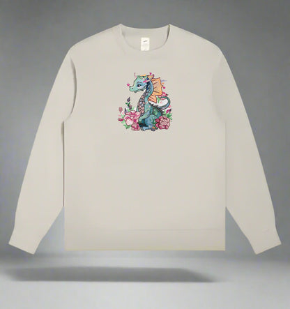 An embroidery design of a colorful dragon surrounded by floral elements and a detailed description of the design is presented.