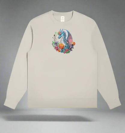 A colorful embroidery design of a dragon surrounded by various flowers and plants.