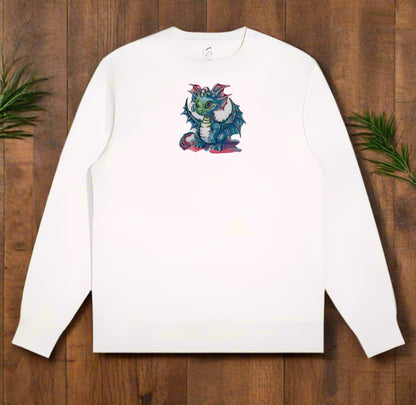 White long-sleeve sweatshirt with a colorful dragon design on a wooden surface.