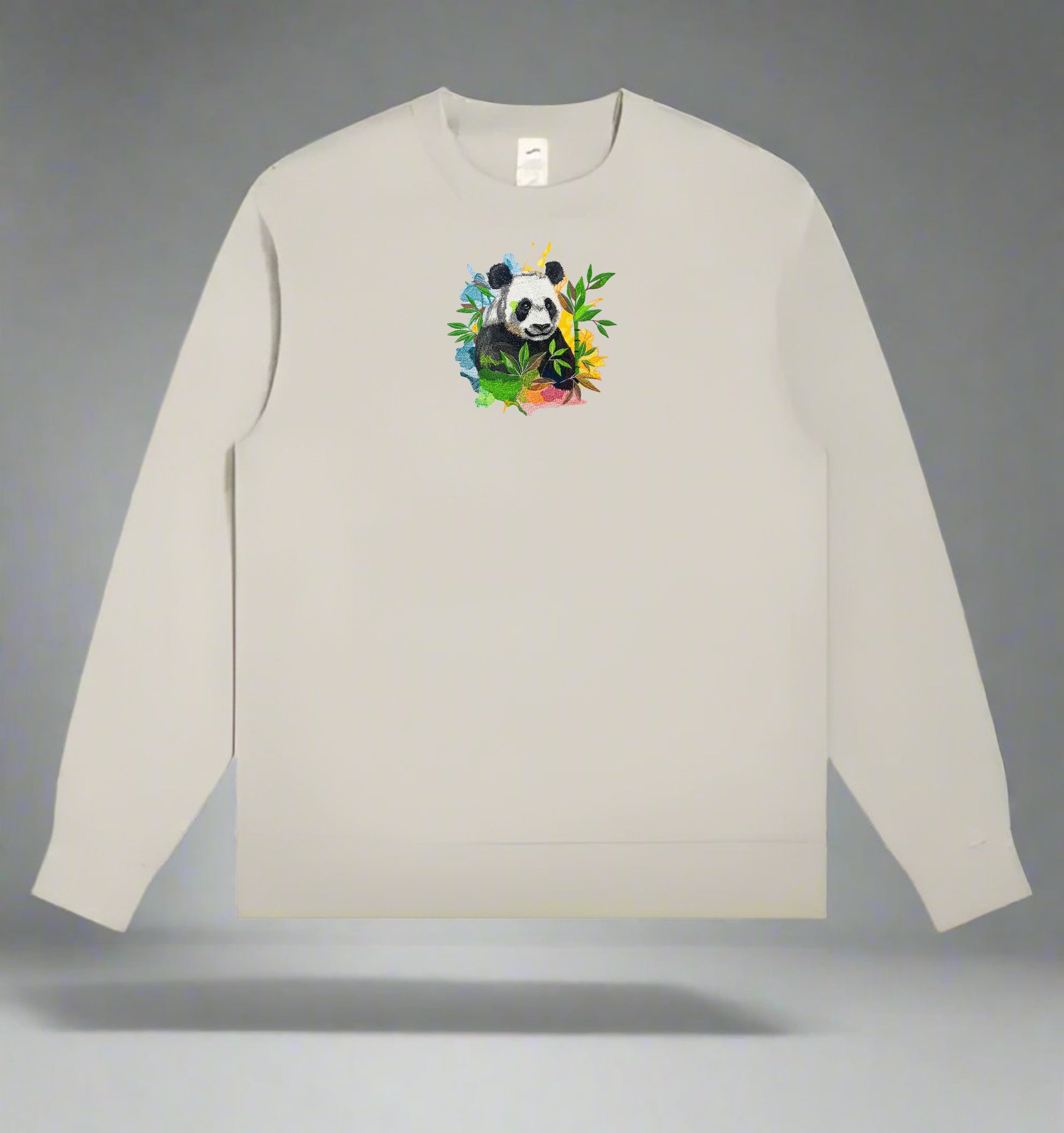 Mint green  long-sleeve sweatshirt with a panda design on a gray background