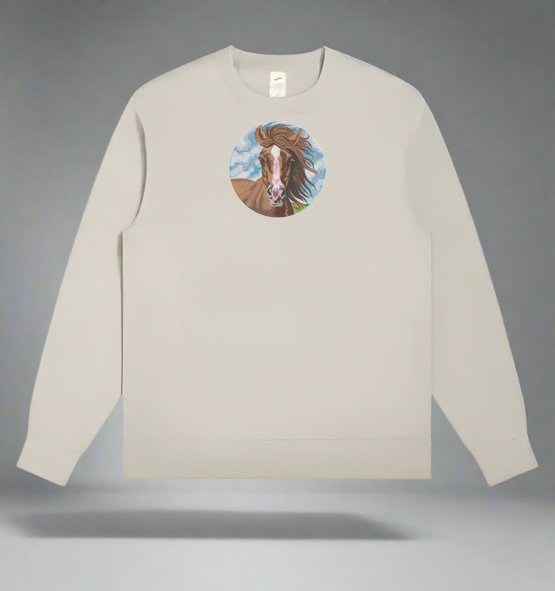 Beige long-sleeve shirt with a Wild Horse Portrait Embroidery – Free Spirit on a gray background