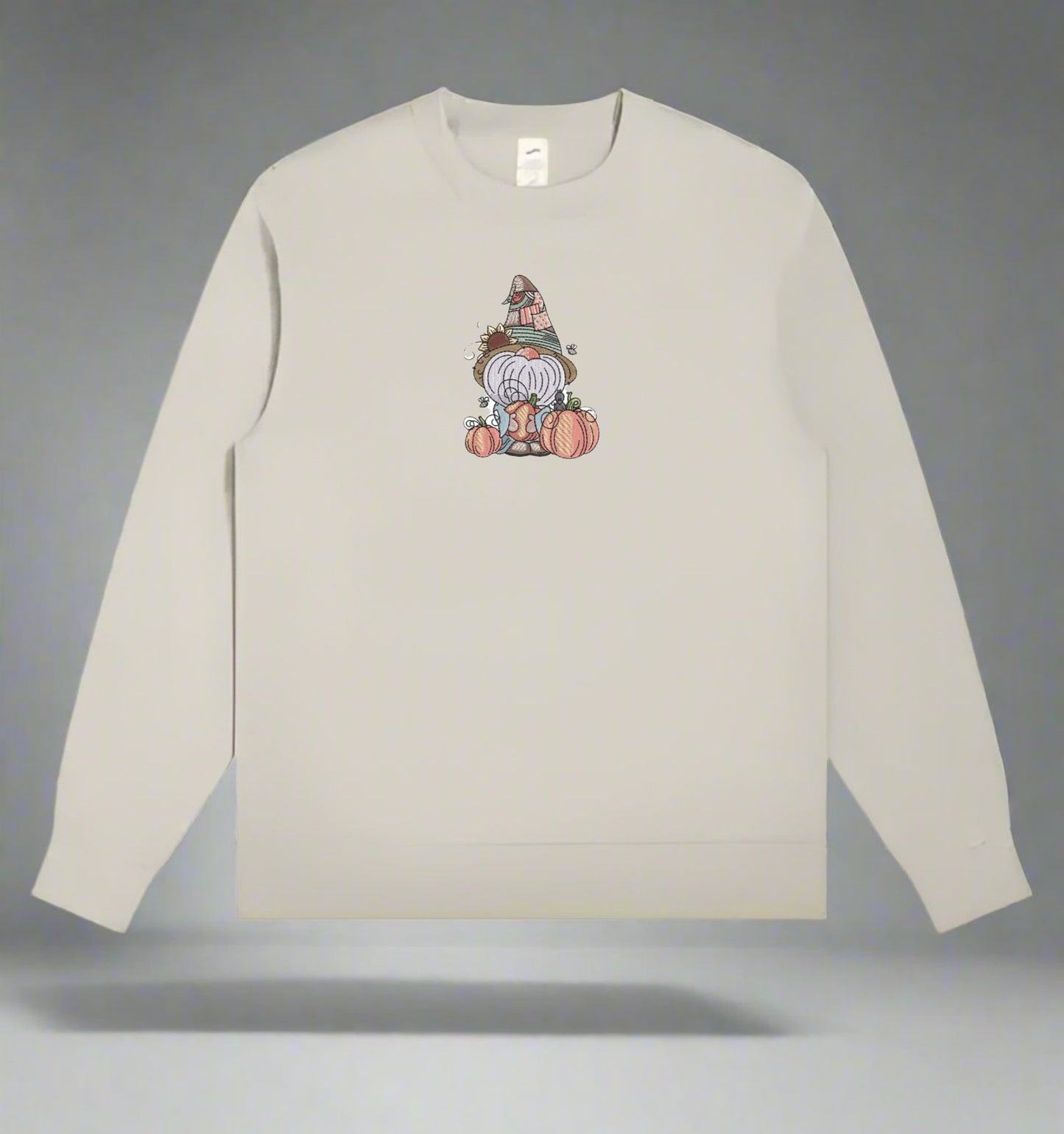 Mint Green long-sleeve sweatshirt with a gnome graphic on a gray background