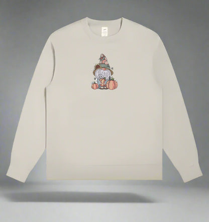 Mint Green long-sleeve sweatshirt with a gnome graphic on a gray background