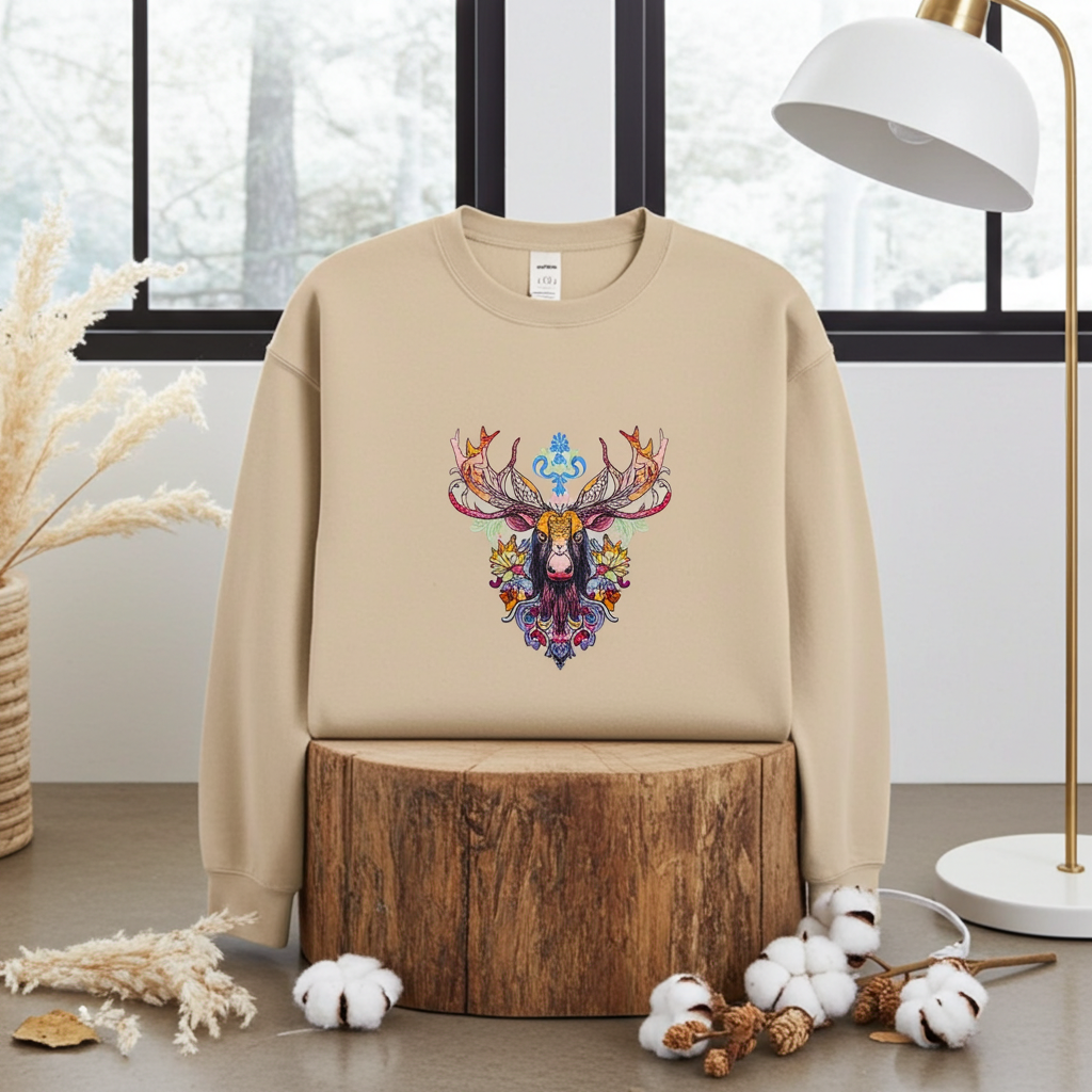 سويت شيرت مطرز بنقشة الموظ الزهري - همسات الغابة 🦌🌸 راحة يدوية الصنع