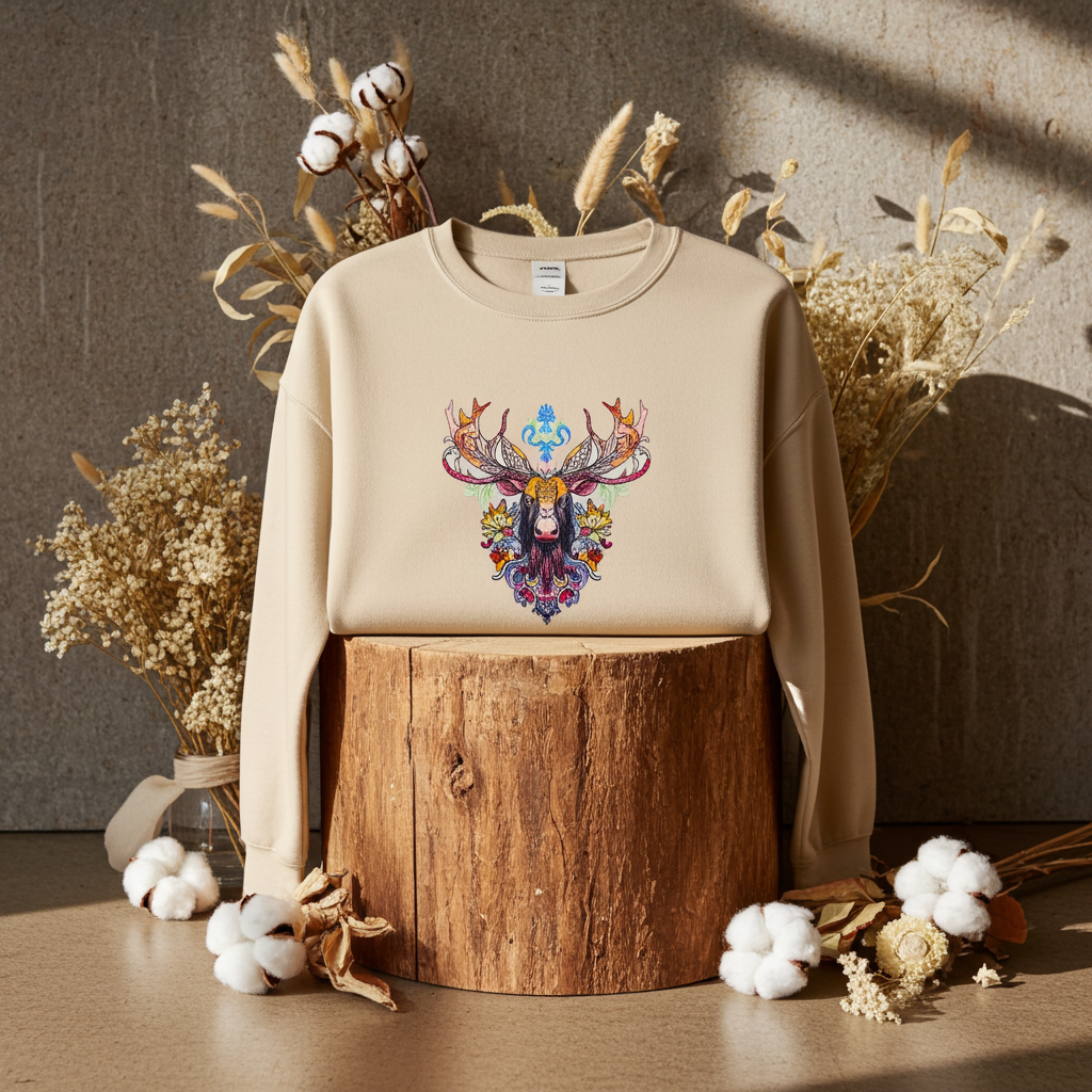 سويت شيرت مطرز بنقشة الموظ الزهري - همسات الغابة 🦌🌸 راحة يدوية الصنع