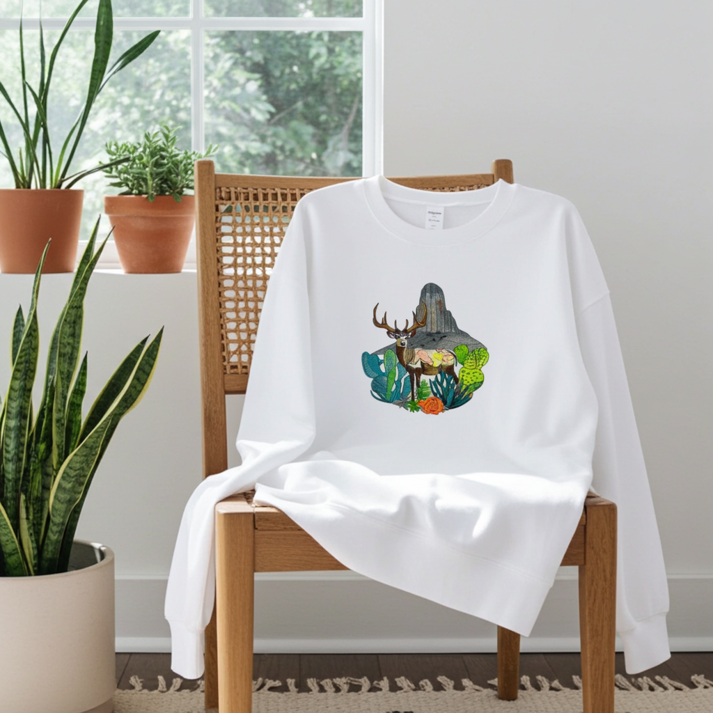 White sweatshirt draped on a wooden chair in a bright room with potted plants, featuring a desert deer landscape embroidery design with cactus and mountain details on the chest