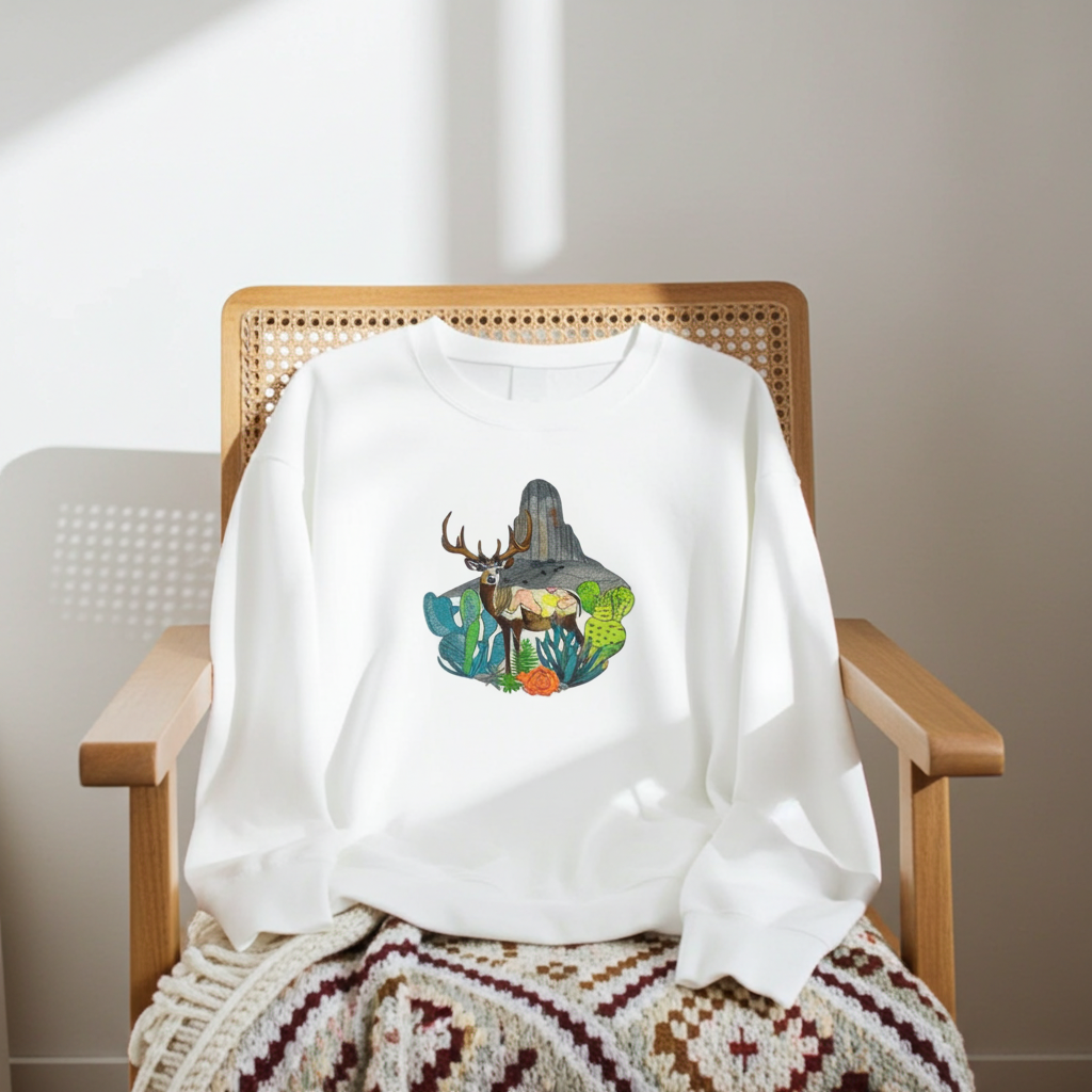 White sweatshirt draped on a wooden chair in a bright room with potted plants, featuring a desert deer landscape embroidery design with cactus and mountain details on the chest