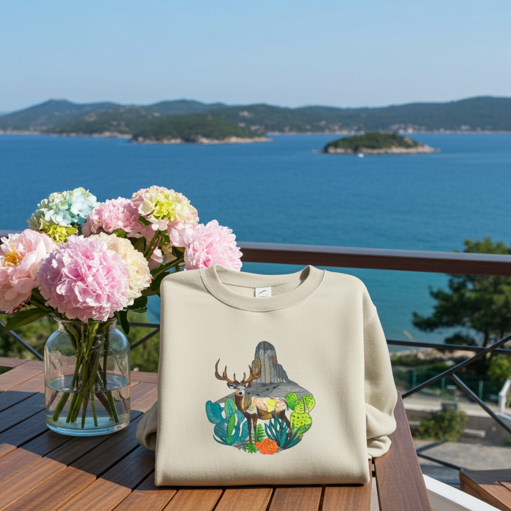 Mint green sweatshirt displayed on an outdoor balcony table with ocean view, featuring a desert deer landscape embroidery design, styled with a vase of pastel flowers in sunlight