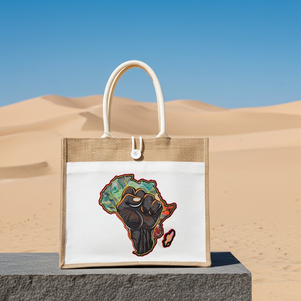Natural jute tote handbag featuring an African pride power fist embroidery design, photographed outdoors on a stone block with sand dunes and a blue sky in the background.