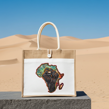 Natural jute tote handbag featuring an African pride power fist embroidery design, photographed outdoors on a stone block with sand dunes and a blue sky in the background.