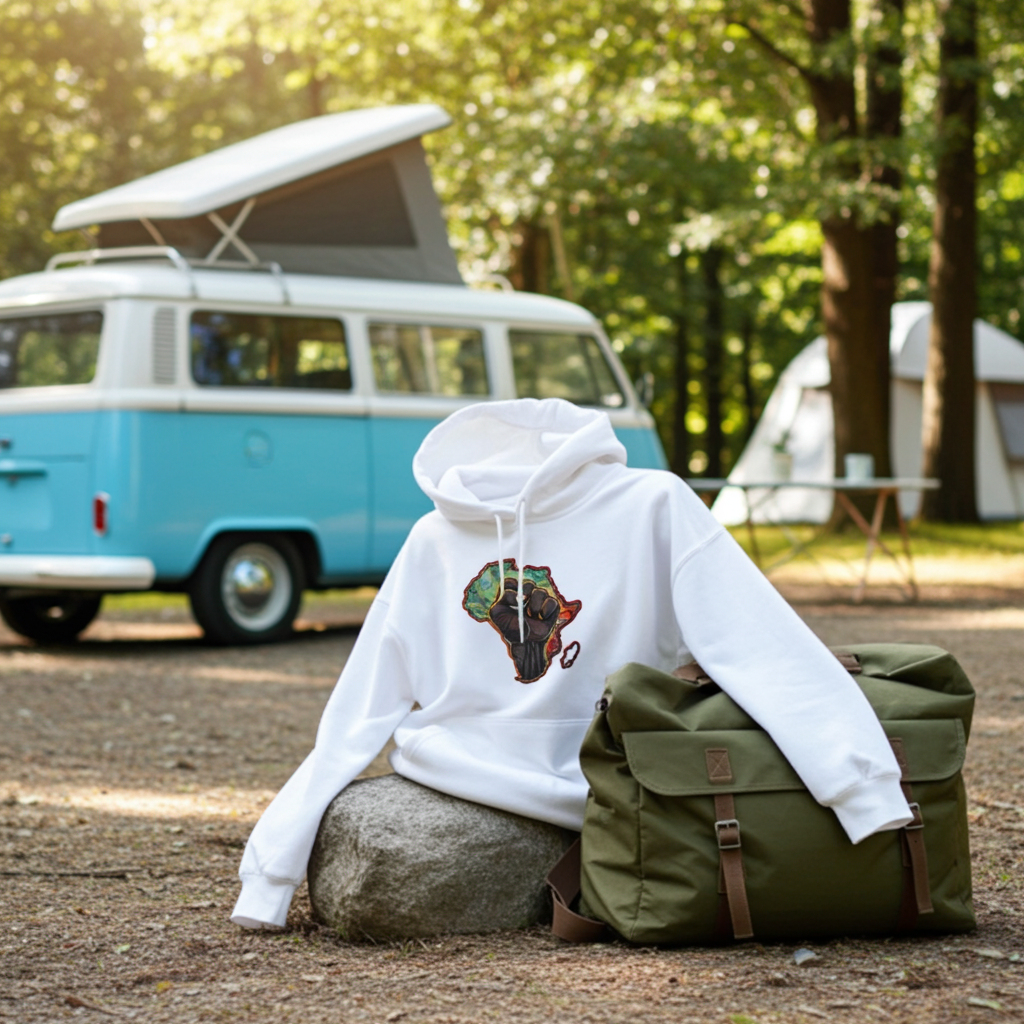 White hoodie mockup featuring an embroidered raised fist over an Africa map design on the chest, styled outdoors at a campsite with a backpack and a vintage camper van in the background.