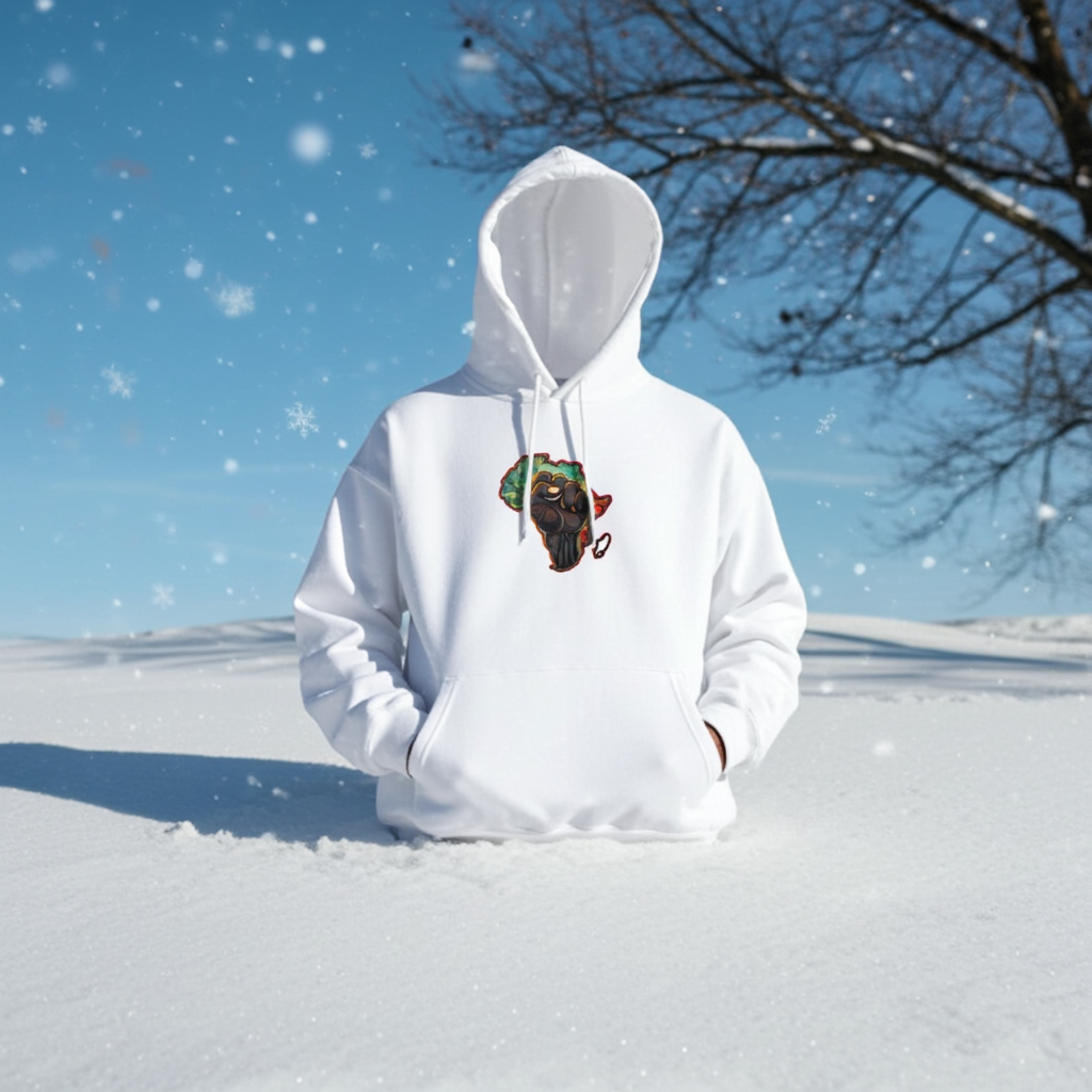 White hoodie mockup featuring an embroidered raised fist over an Africa map design on the chest, shown outdoors in a snowy landscape with falling snow.