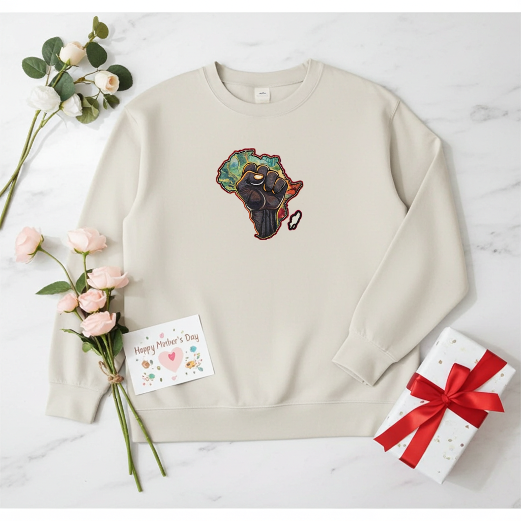 Mint green sweatshirt featuring an Africa map with a raised unity fist embroidery-style design, styled flat lay with roses, a gift box, and a Mother’s Day card.
