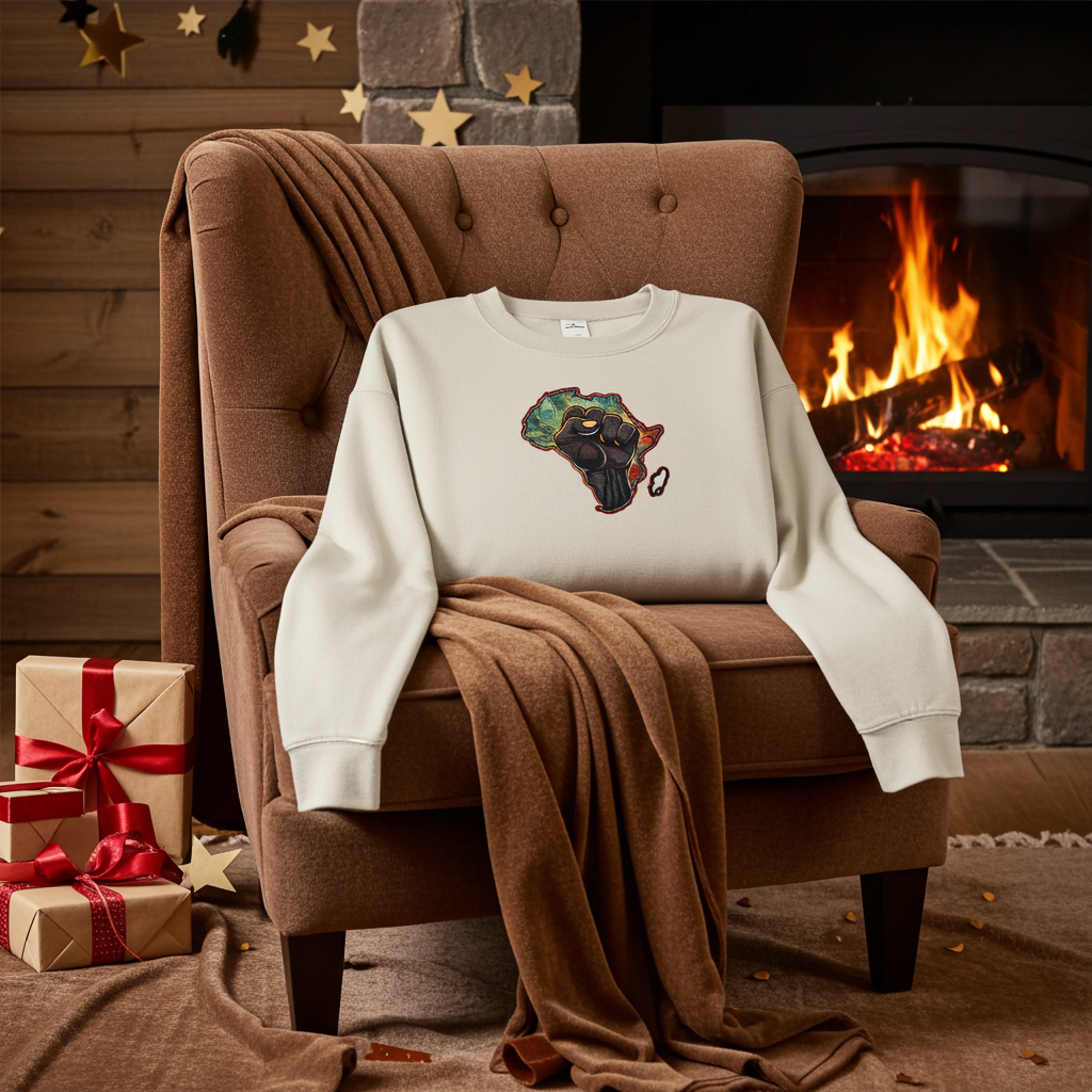 Mint green sweatshirt featuring an Africa map with a raised unity fist embroidery-style design, styled on an armchair by a cozy fireplace with wrapped gift boxes.