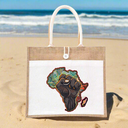 Ubuntu Strength: Empowerment Fist & African Foliage Embroidered Jute Tote – Cultivating Resilience in Thread