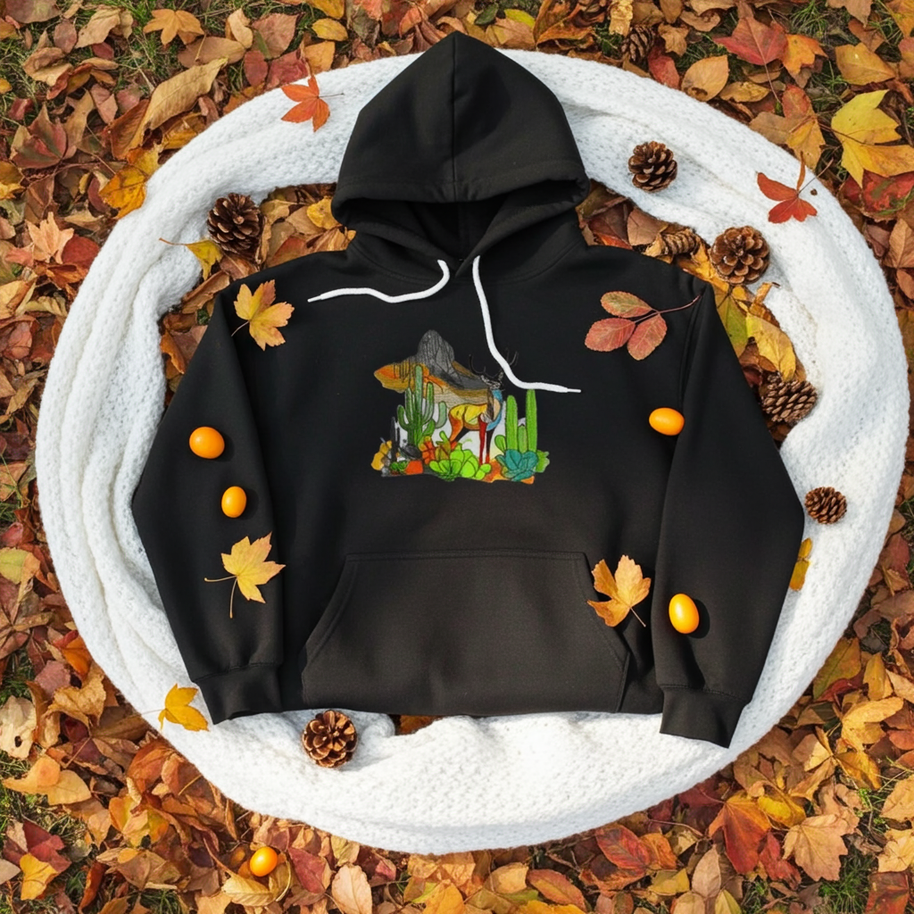 Black hoodie mockup featuring an embroidered deer, cactus, and mountain landscape design on the chest, styled with autumn leaves, pinecones, and a cozy white knit blanket.