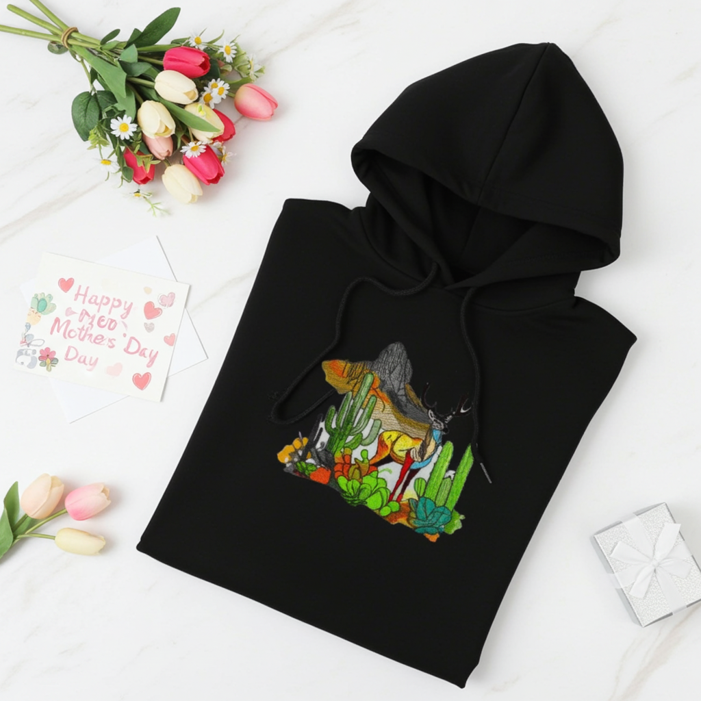 Black hoodie mockup featuring an embroidered deer, cactus, and mountain landscape design on the chest, styled flat lay with tulips, a small gift box, and a Mother’s Day card.