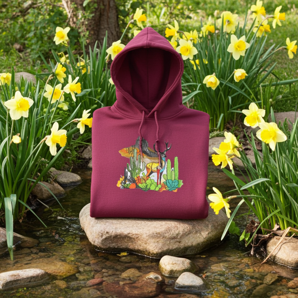 Burgundy hoodie mockup featuring an embroidered deer, cactus, and mountain landscape design on the chest, styled on a bench in a lush green garden.