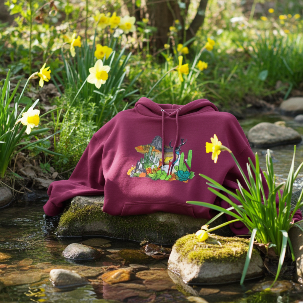 Burgundy hoodie mockup featuring an embroidered deer, cactus, and mountain landscape design on the chest, styled on a bench in a lush green garden.
