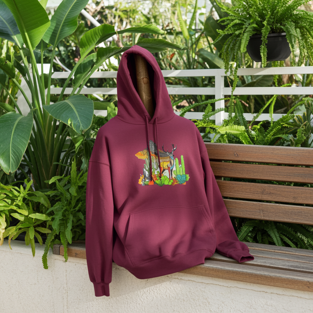 Burgundy hoodie mockup featuring an embroidered deer, cactus, and mountain landscape design on the chest, styled on a bench in a lush green garden.