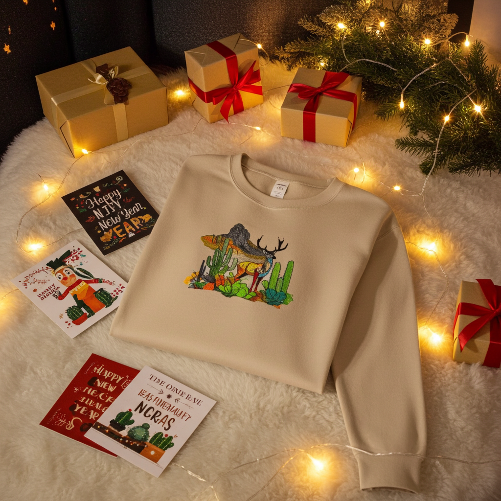 Beige sweatshirt featuring an alpine desert fusion deer embroidery-style design with mountains, cactus, and colorful desert plants, styled flat lay with string lights, gift boxes, and holiday cards.