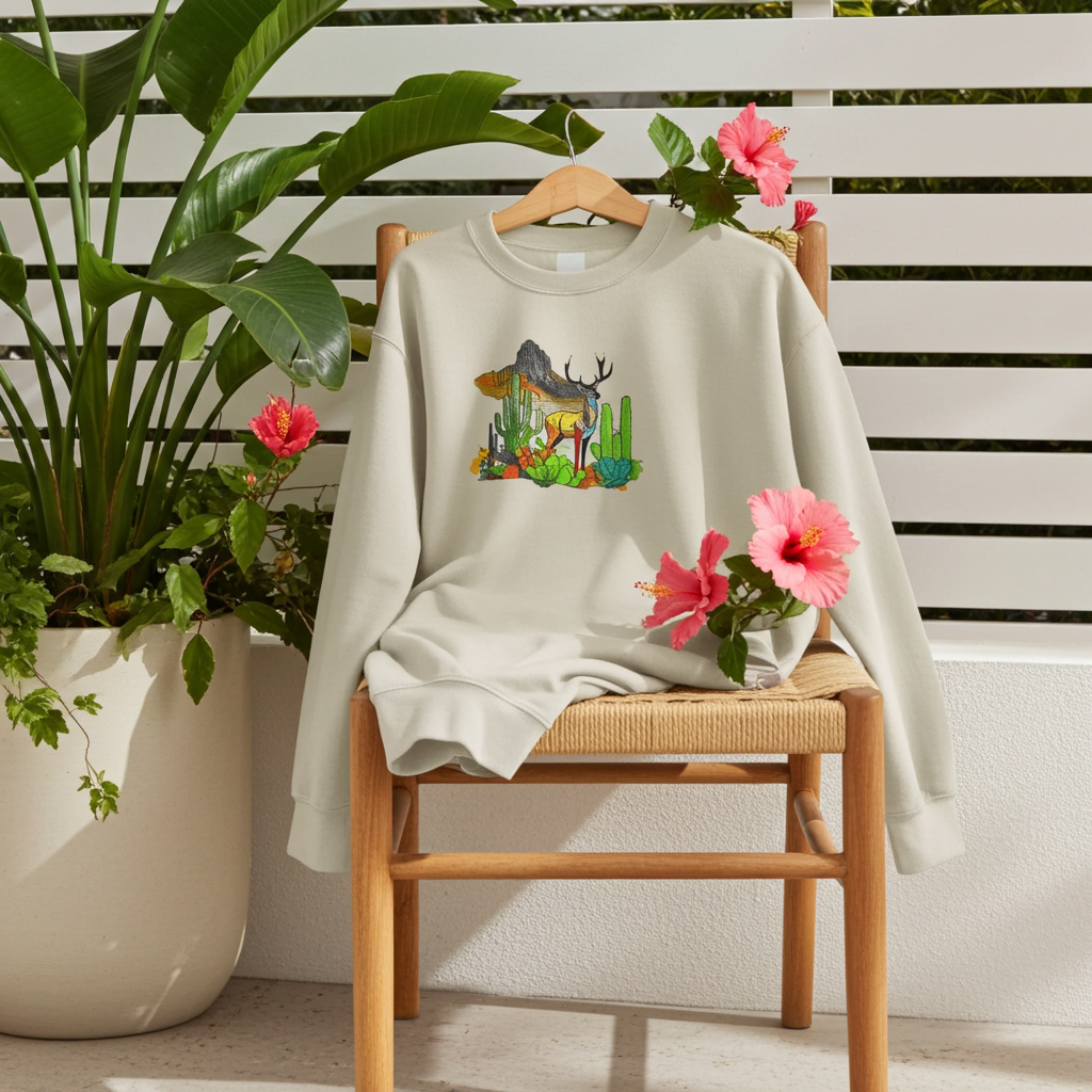 Mint green sweatshirt featuring an alpine desert fusion deer embroidery-style design with mountains, cactus, and colorful desert plants, displayed on a hanger outdoors with lush green leaves.