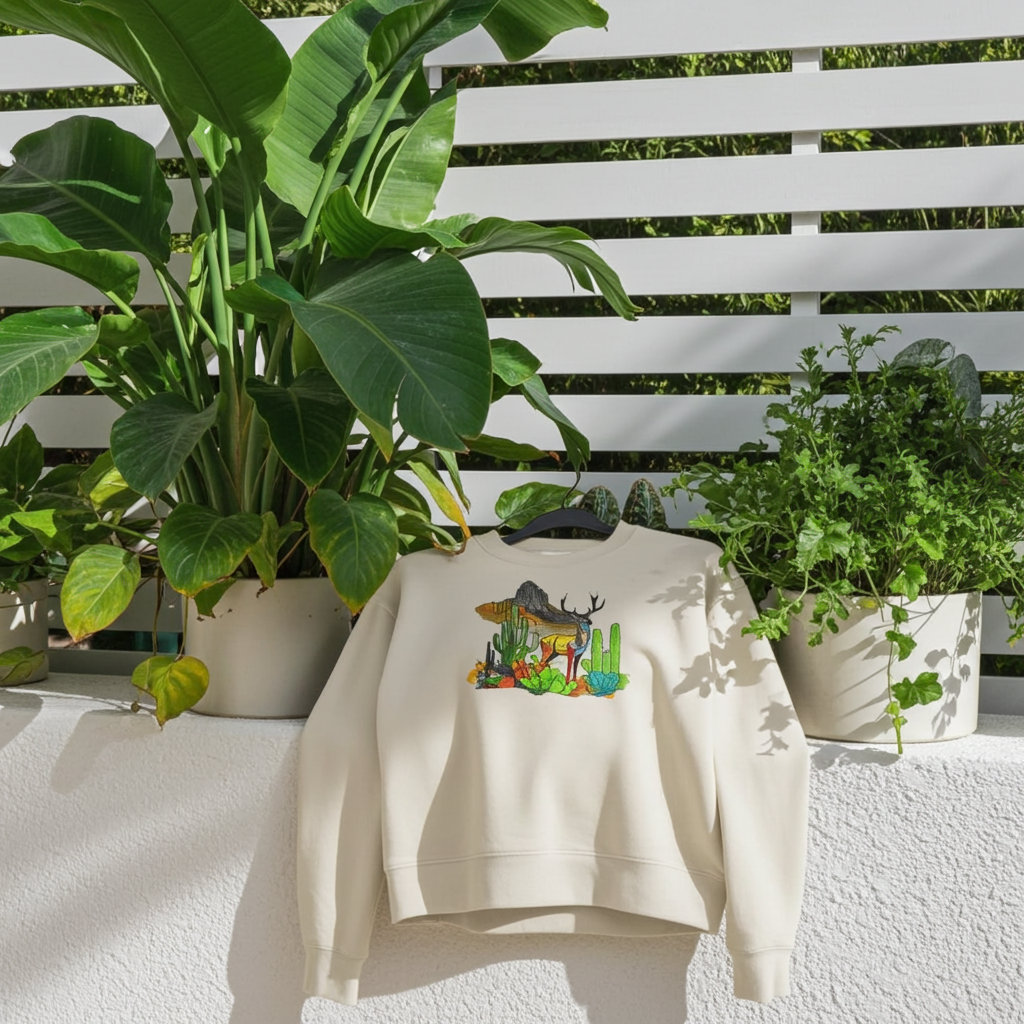 Mint green sweatshirt featuring an alpine desert fusion deer embroidery-style design with mountains, cactus, and colorful desert plants, displayed on a hanger outdoors with lush green leaves.