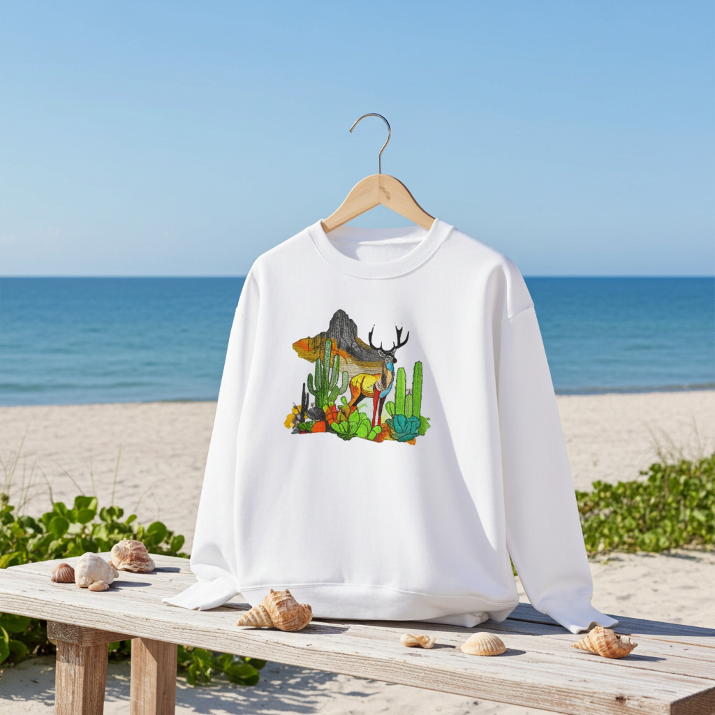 White sweatshirt featuring an alpine desert fusion deer embroidery-style design with mountains, cactus, and colorful desert plants, displayed on a hanger at the beach with seashells on a bench.
