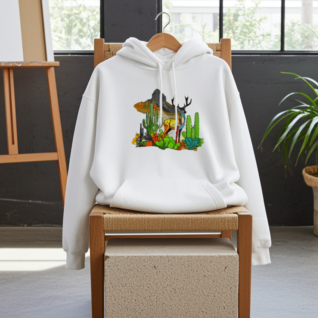 White hoodie mockup featuring an embroidered deer, cactus, and mountain landscape design on the chest, styled on a wooden chair by a large window with a desert and mountain view.