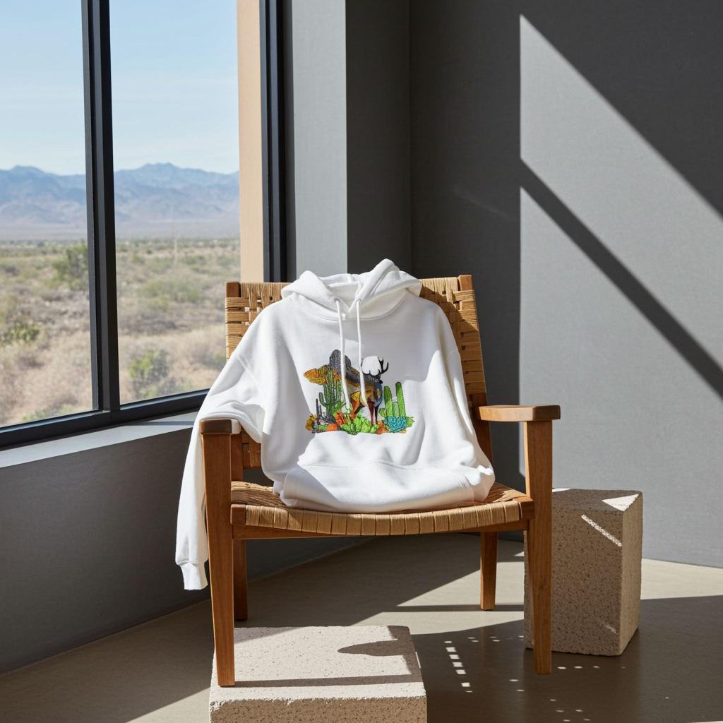 White hoodie mockup featuring an embroidered deer, cactus, and mountain landscape design on the chest, styled on a wooden chair by a large window with a desert and mountain view.