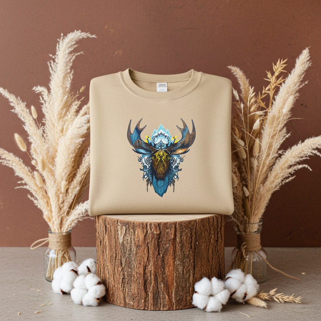 Beige sweatshirt featuring an arctic moose head embroidery-style design, folded on a wooden stump with dried flowers and cotton stems against a neutral backdrop.