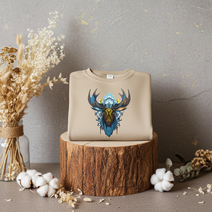 Beige sweatshirt featuring an arctic moose head embroidery-style design, folded on a wooden stump with dried flowers and cotton stems against a neutral backdrop.