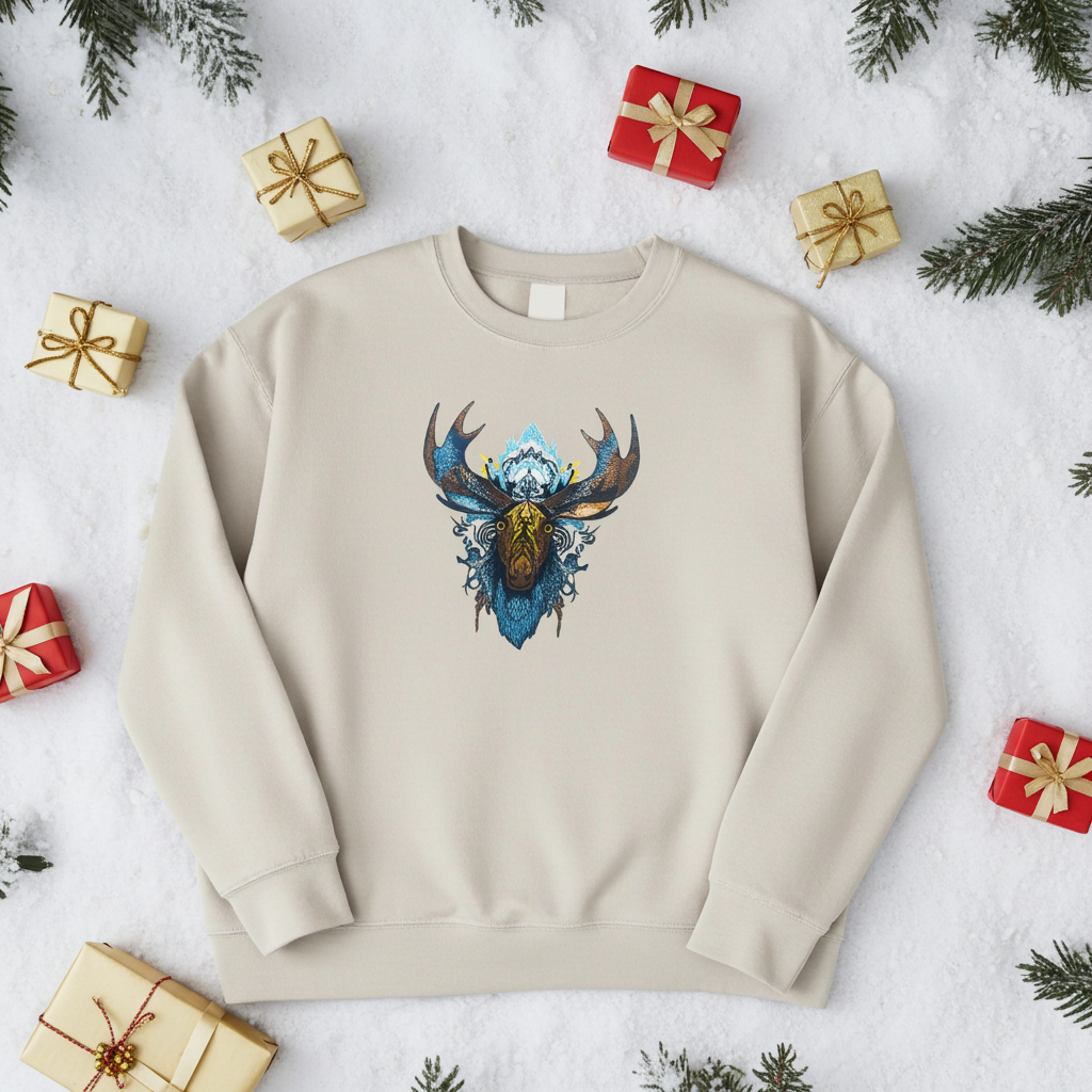 Mint green sweatshirt featuring an arctic moose head embroidery-style design, styled flat lay on snow with small wrapped gift boxes and snowy pine branches.