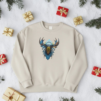 Mint green sweatshirt featuring an arctic moose head embroidery-style design, styled flat lay on snow with small wrapped gift boxes and snowy pine branches.
