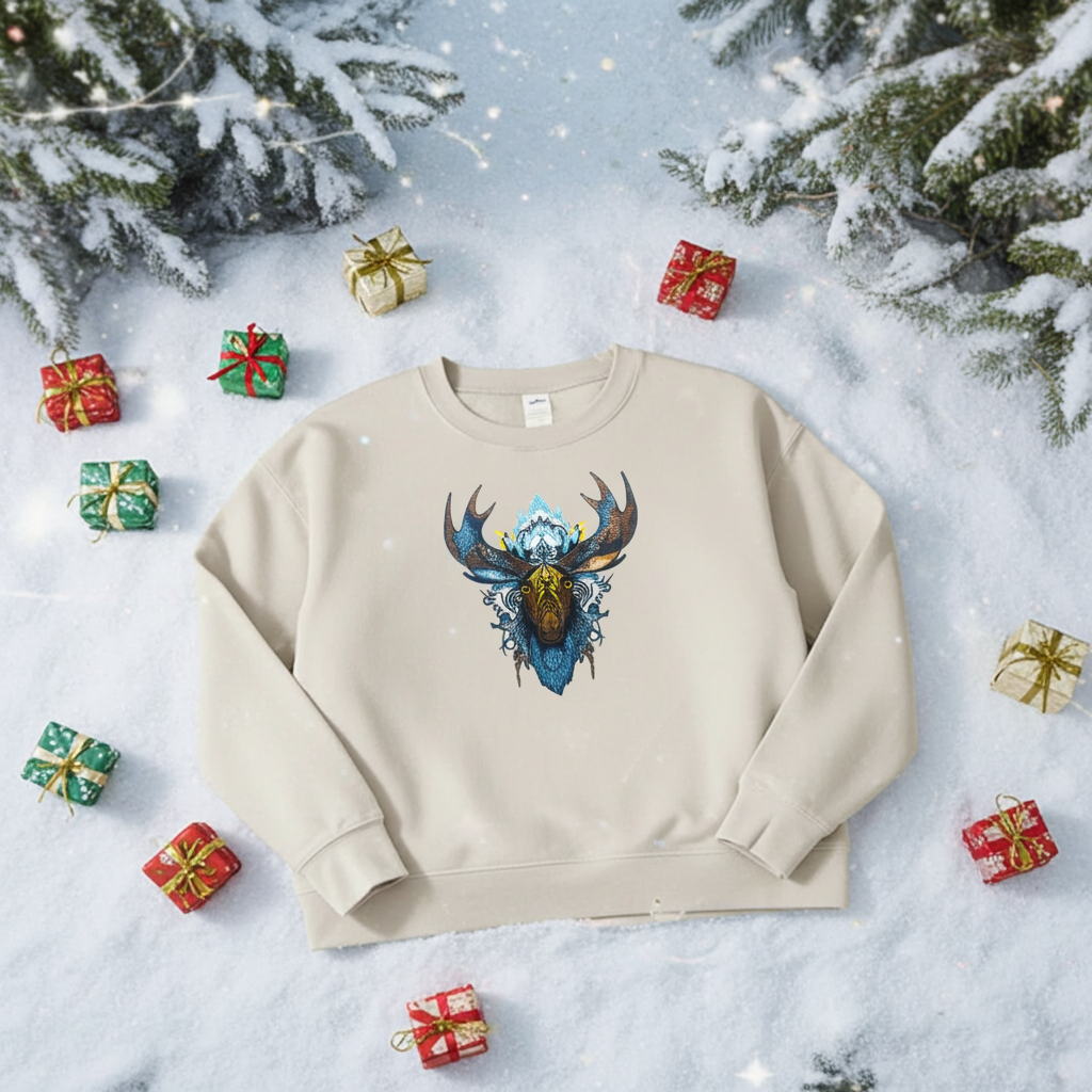 Mint green sweatshirt featuring an arctic moose head embroidery-style design, styled flat lay on snow with small wrapped gift boxes and snowy pine branches.