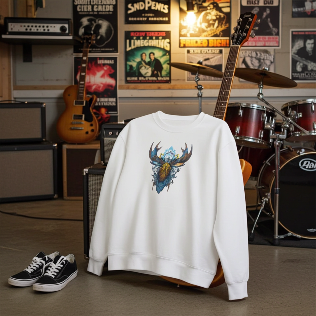 White sweatshirt featuring an arctic moose head embroidery-style design, styled in a music studio with guitars, drums, posters, and sneakers in the background.