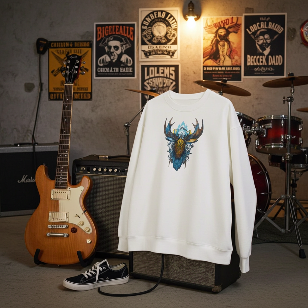White sweatshirt featuring an arctic moose head embroidery-style design, styled in a music studio with guitars, drums, posters, and sneakers in the background.