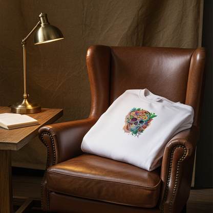 White sweatshirt folded on a brown leather armchair beside a wooden side table and brass desk lamp, featuring a colorful floral sugar skull embroidery on the chest in a cozy reading corner setting