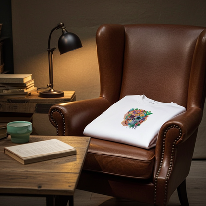 White sweatshirt folded on a brown leather armchair beside a wooden side table and brass desk lamp, featuring a colorful floral sugar skull embroidery on the chest in a cozy reading corner setting